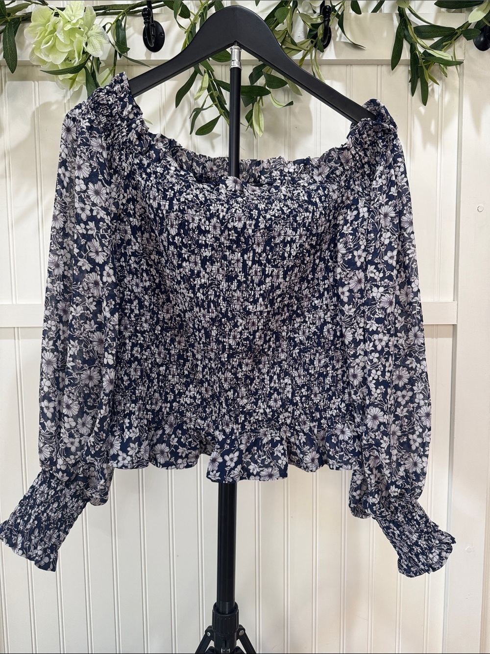 #390 1. STATE Navy and White Floral Smocked Ruffled Off-Shoulder Blouse